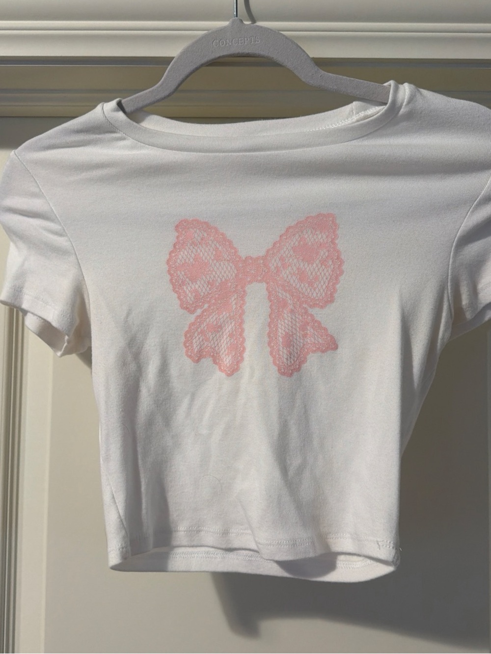Garage White cropped Tee with Pink Lace Bow